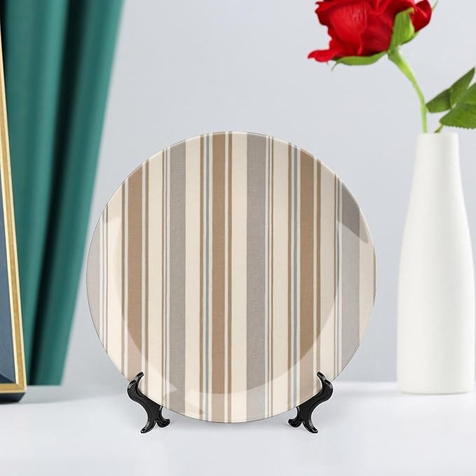 Thibaut Stripes in Brwon And Gray Vintage Plates Decor for Festival Display Home Personalized Christmas Idea Gifts Handmade Decorative Plate with Display Stand And Hook Up, Multi Sizes by Choosing