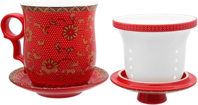 Porcelain Tea Cup with Infuser Lid and Saucer Sets - Chinese Jingdezhen Ceramics Coffee Mug Teacup Loose Leaf Tea Brewing System for Home Office