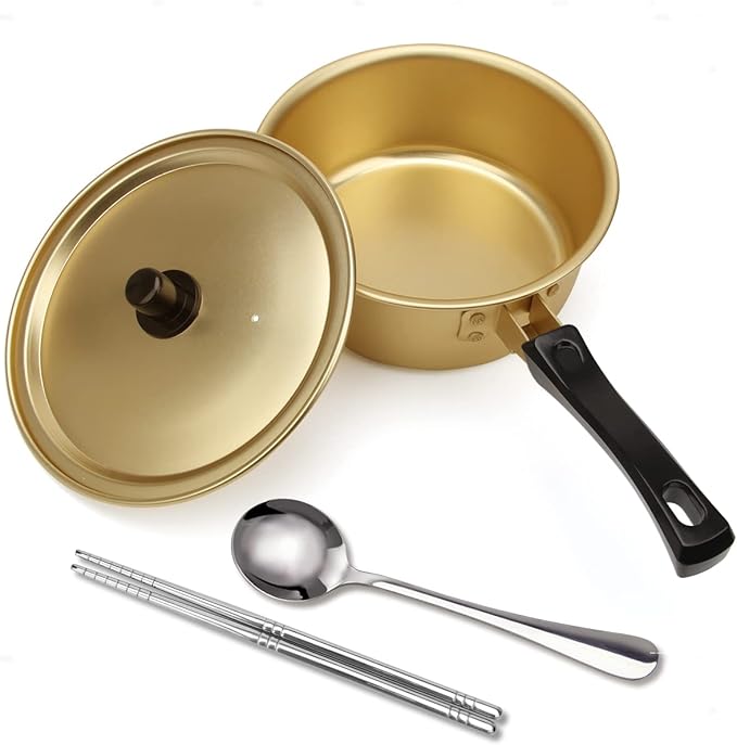 Korean Ramen Cooking Pot, AHIER Korean Ramen Noodle Pot With Lid, Spoon and Chopsticks (1pair), Fast Heating for Kitchen Cookware (Single Handle)