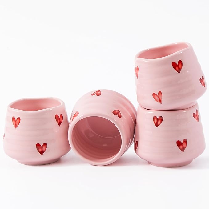 4pcs Japanese Tea Cup Set – 160ml 5.4OZ Ceramic Matcha Cup, Small Handless Espresso Cups, Cute Coffee Mugs for Valentine (Pink Love)