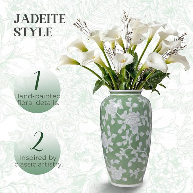 Spring Floral Ceramic Vase, Green and White Chinoiserie Vase with Hand-Painted Peony Design, 14 Inch Tall Decorative Vase for Home Decor, Table Centerpiece