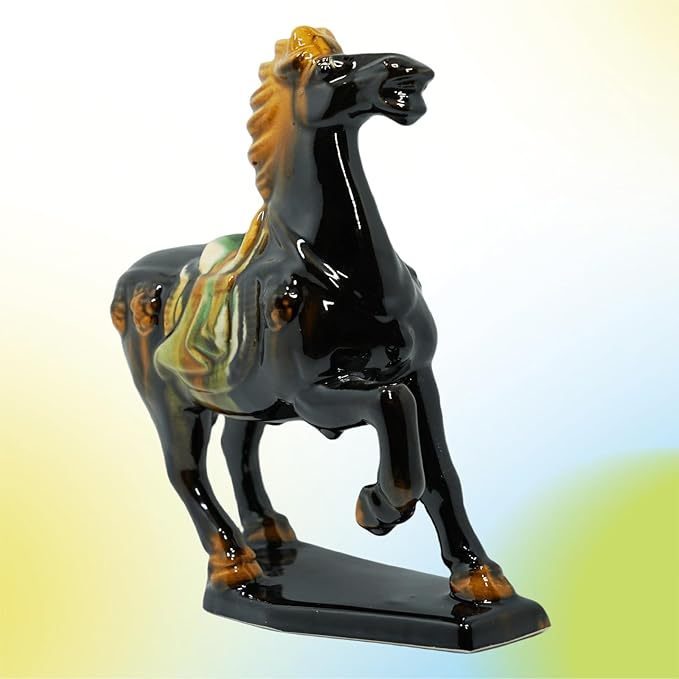Handmade -Tang Dynasty Tri-Color Horse Sculpture Ceramic Horse-19cm Cultural Art Piece for Home,Bookcase or Office Decor (Black)