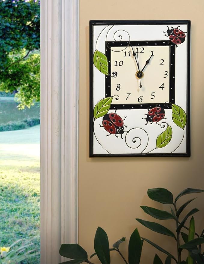 Modern Artisans Ladybug Trio Motif Ceramic Wall Clock, 7.5" x 10.5" Black and White
