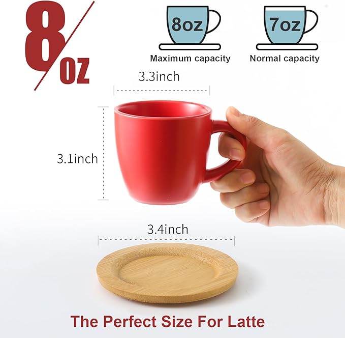 HASENSE 8 oz Tea Cups and Saucers Set of 6, Ceramic Coffee Cups Latte Cappuccino Cups with Handle for Double Shot, Cafe Mocha, Espresso, Stackable Coffee Mugs for Party Home and Kitchen, Red