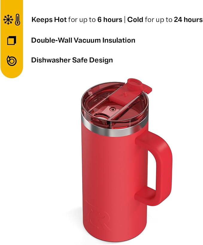RTIC 16oz Road Trip Travel Mug with Lid and Handle, Ceramic Lined, Insulated, Stainless Steel, Metal, Double Wall Vacuum-Insulation, Portable Coffee, Tea Cup for Hot and Cold Drink, Flag Red