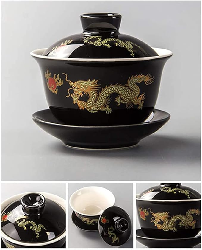 Porcelain Kung Fu Tea Cup and Saucer with Lid, Chinese Traditional Gaiwan Sancai Tea Bowl Tea Set Dragon Pattern (Black)