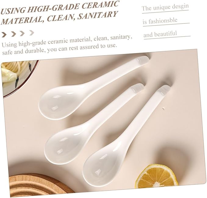 6Pcs White Ceramic Soup Spoons Small Rice Ladles Household Kitchen Utensils Porcelain Serving Spoons for Soup Porridge Dessert