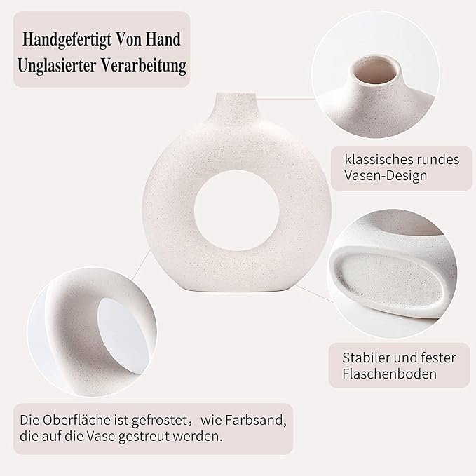 White Ceramic Donut Vase Set of 2, Hollow Matte Pampas Flower Vases for Boho Home Wedding Party Room Dinner Table Shelf Decor.（White）