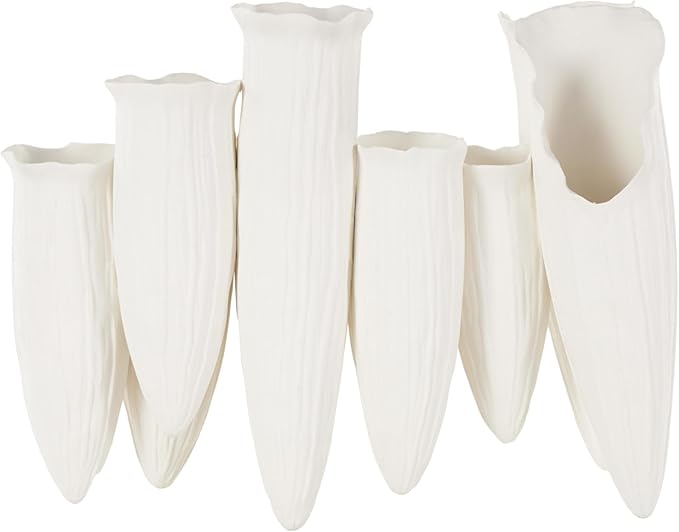 Deco 79 Ceramic Abstract Floral Inspired Vase with Linear Grooves and 10 Openings, 14" x 5" x 11", White