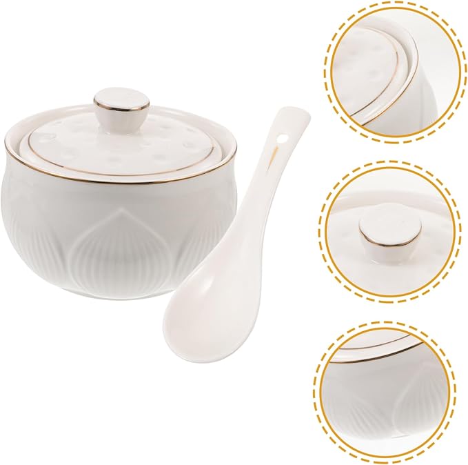 Alipis Luxury Ceramic Stew Bowl Set with Lid and Spoon High-End Gold Trim for Soups and Desserts Kitchen Steaming Bowl for Home Use