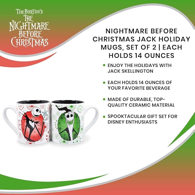Nightmare Before Christmas Jack Holiday Themed Ceramic Mugs, 14-Ounce, Set of 2