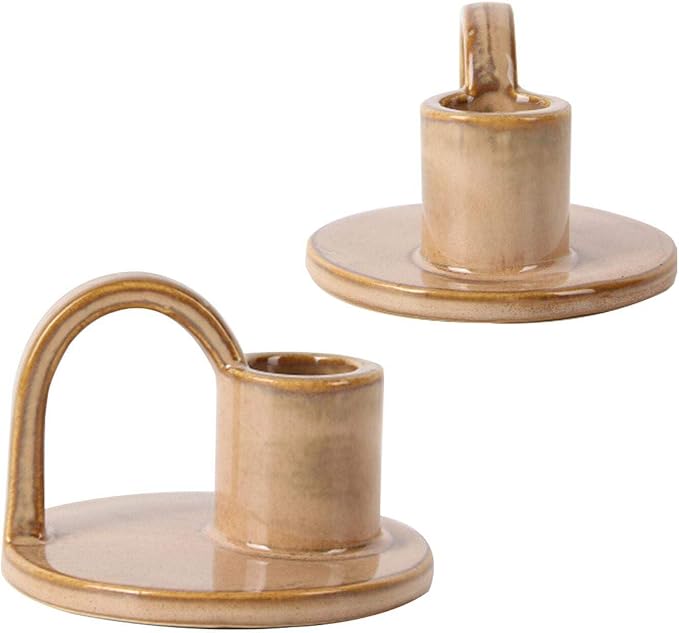 Ceramic Taper Candle Holders with Handle (Set of 2) – Tall Candlestick Holders for Table Decor Centerpieces, Rustic Home Décor, and Dinner Table Styling Tan
