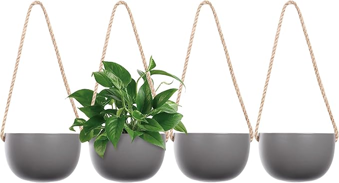 INGOFIN 4 Inch Ceramic Hanging Planter, Modern Hanging Plant Pot with Jute Rope, Succulent Bonsai Pots, Matte Grey Porcelain Flower Pots, for Indoor and Outdoor, Set of 4 (Matte Grey)