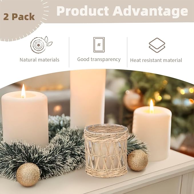 Rustic Cattail Woven Tea Light Holder, Seagrass Glass Candle Holder, Table Candle Holder Decor, Vintage Candlestick Holders, Wicker Tea Light Holder, Farmhouse/Home Decor (Original Color - 2 Pack)