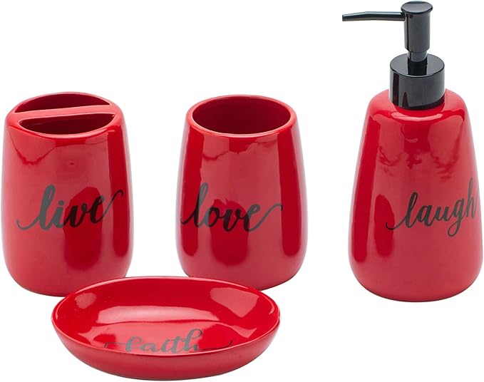 Bathroom accesory Set, Ceramic, 4pc,Toothbrush Holder soap Dispenser soap Dish Tumble Cup for Bathroom Decor and Gift (Navy) (RED)