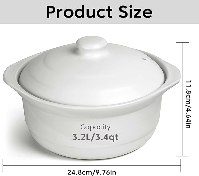 3.4 Quart White Ceramic Clay Pot for Cooking with Lid - Korean Stone Pot, Healthy No-Coating Earthenware Casserole, Family Soup Rice Hot Pot Cookware