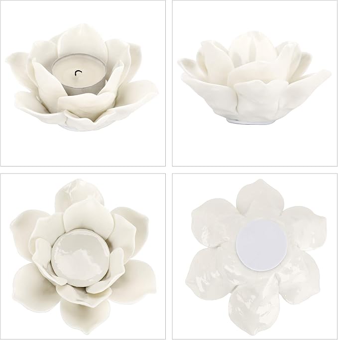 OwnMy 4.5 Inch Ceramic Lotus Flower Tea light Holder Lotus Petals Candle Holder Candlestick, Votive Flower Tealight Candle Holder Candle Lamps Holder with Gift Box for Home Decor Wedding Party (White)