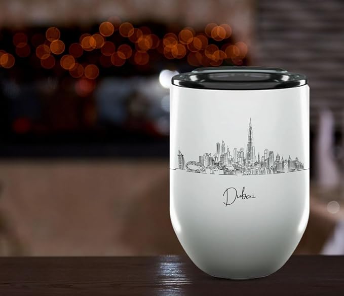 Dubai Skyline Wine Tumbler, Asia Skyline 12oz Wine Tumbler, Custom Wine Tumblers Gift For Birthday, Spill Resistant Tumblers for Women, Personalized Wine Tumbler