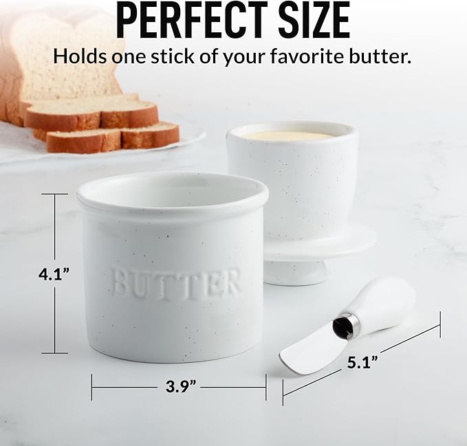 Zulay Kitchen Bell Shaped Butter Crock with Lid for Countertop with Water Line & Spreader Knife, Ceramic French Butter Dish Keeper For Fresh, Soft & Spreadable Butter - Speckled White