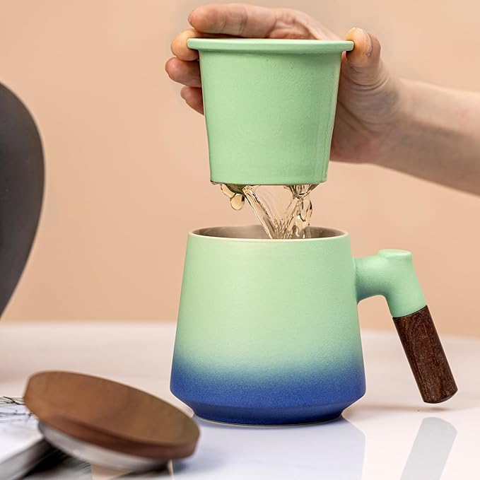 Ceramic Tea Mug with Infuser & Lid, 14oz Kiln-Transformed Unique Cup – Nature's Artisan Design, Loose Leaf Tea Cup with Infuser, Insulated Ceramic Coffee Mugs with Lid, Gift for Women/Men