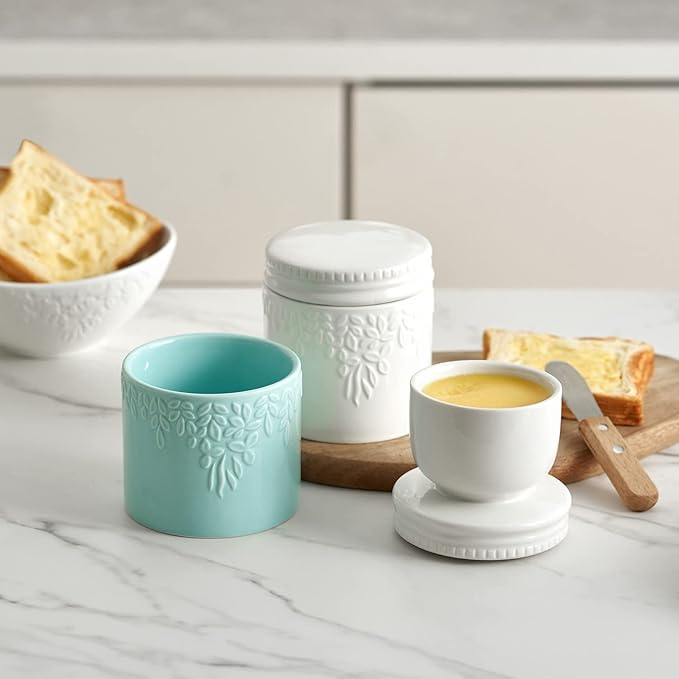 Toptier Butter Crock for Counter With Water Line, On Demand Spreadable Butter, Ceramic Butter Keeper to Leave On Counter, French Butter Dish with Lid (Blue Leaf)