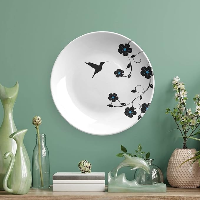 7 Inch Decorative Plate, Hummingbirds Ceramic Stoneware, Floral Art with Hummingbird Springtime Print Ceramic Display Plate for Decorative Ornaments Giving Plates, 1 Plate with 1 Display Stand
