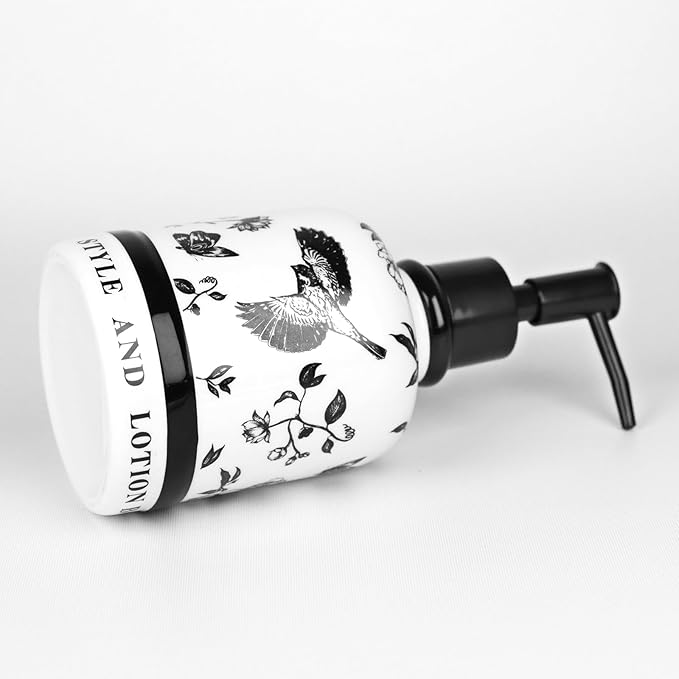 Vintage Ceramic Soap Dispenser, 14.2oz Mid-Century Modern with Flower and Bird Patterns - Refillable Lotion Bottle for Bathroom, Hand Soap Dispenser for Hotel