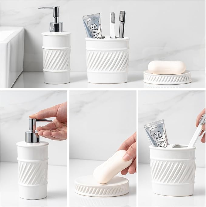 3-Piece Ceramic Bathroom Accessories Set - Soap Dispenser, Toothbrush Holder & Soap Dish with Modern Wave Embossed Design for Bathroom Accessory Set (White)