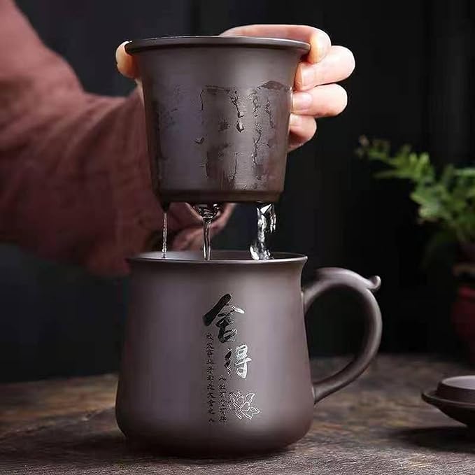 Chinese ZiSha Tea Cup, Cup Filter Integrated, Purple Sand Tea Set, Suitable for Home, Office, as Father's Day, Birthday, Christmas Gift（12.5oz） (Black)
