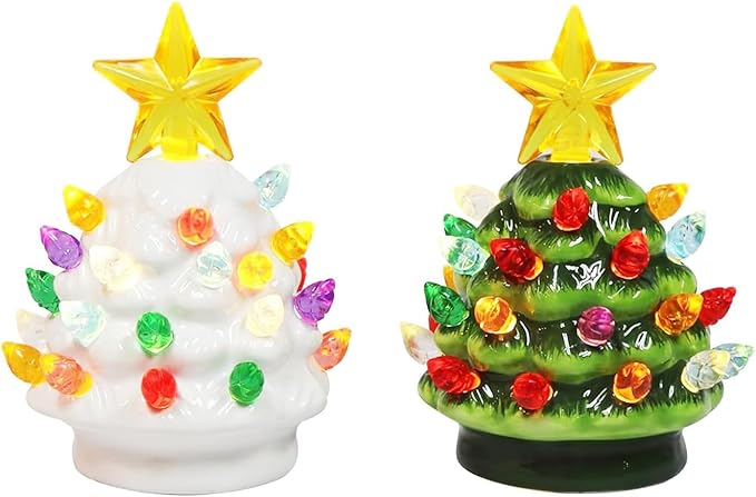 MOMENTS IN TIME Ceramic Christmas Tree Set of 2 Mini 3.5”H LED Light Up Tabletop Trees with Multicolor Bulbs & Star Topper, Battery Operated, Vintage Holiday Décor for Mantel Table or Desk
