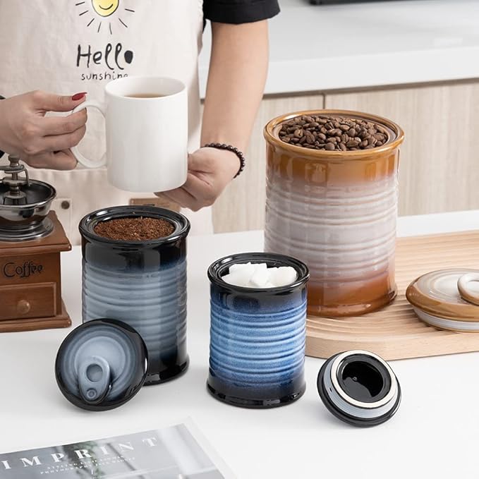 Nihow Food Storage Jar Sets: Ceramic Container with Air Tight Lid for Flour/Sugar/Rice/Coffee/Cookies/Candy - Seal Damp-proof Canister for The Kitchen Counter - Set of 4 （Blue & Black）