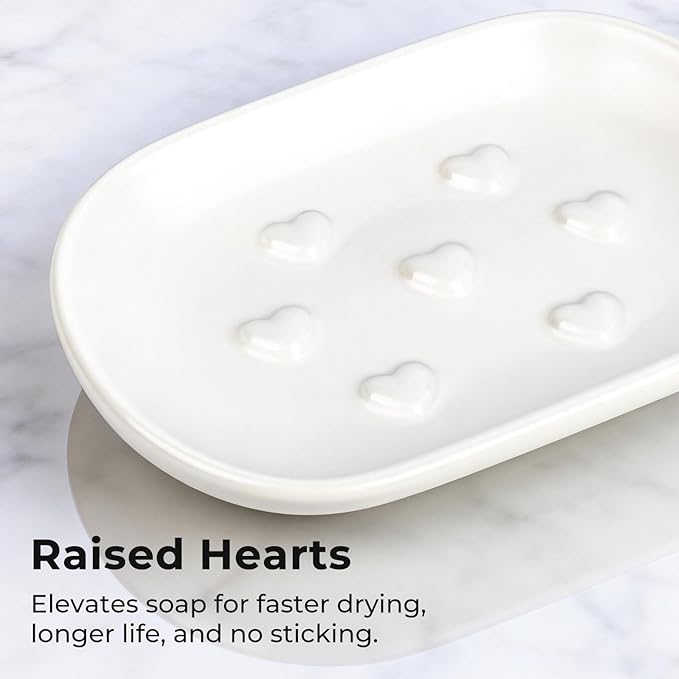 HILLSPRING Ceramic Soap Dish with Charming Heart Bumps, Drainage Design Keeps Soap Dry, Decorative Bar Soap Holder for Bathroom, Kitchen Sink, Vanity, Matte White, 5"x3.5"
