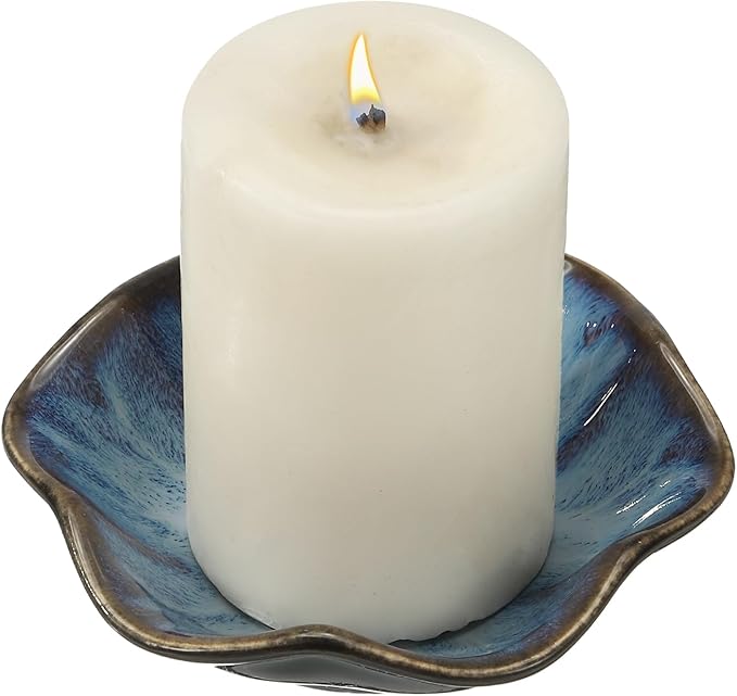 uxcell Candle Holder Plates, 4 Inch Ceramic Candle Tray Tealight Incense Holder Dish Candlestick for Tea Light Aromatherapy Wedding Rustic Vintage Home Decor, Lotus Leaf Dark Blue