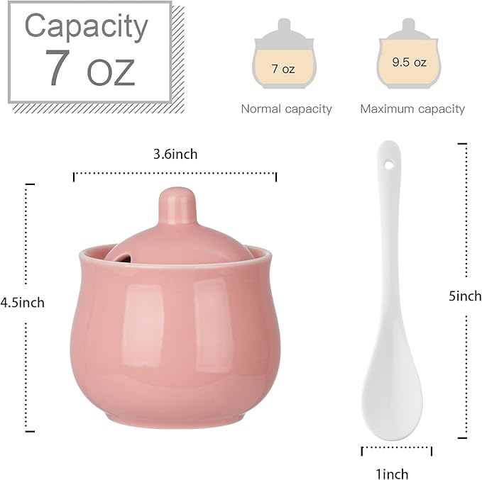 Ceramic Sugar Bowl with Lid and Spoon, Pink Porcelain Sugar Salt Pepper Storage Jar, 7 Ounces