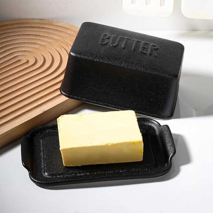 Porcelain Covered Butter Dish with Lid for Countertop Butter Holder Container for One Stick of Butter. Textured Tray Butter Keeper for Non Slip Storage-BLACK BIG