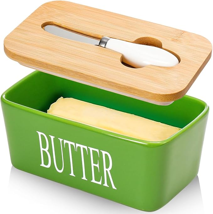 Butter Dish with Lid, Home Decor, Large Butter Dish for Countertop Ceramic Butter Keeper Container with Knife and High Quality Silicone Sealing Butter Box Good Kitchen Gift Green
