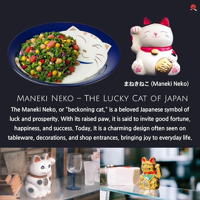 JapanBargain, Set of 2 Japanese Soup Bowls Shallow Porcelain Bowl for Curry Rice Cereal Poke Salad and Dessert, Maneki Neko Smiling Cat Pattern, Made in Japan, 8.5 inch, Blue Color