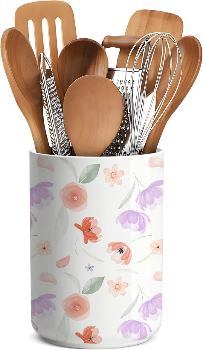Wildflowers Utensil Holder,Countertop Ceramic Utensil Holder,Large Cooking Utensil Crocks for Kitchen Counter Decor,Ceramic Vase for Kitchen Utensils,6.3"+4.7"(Flower Language)