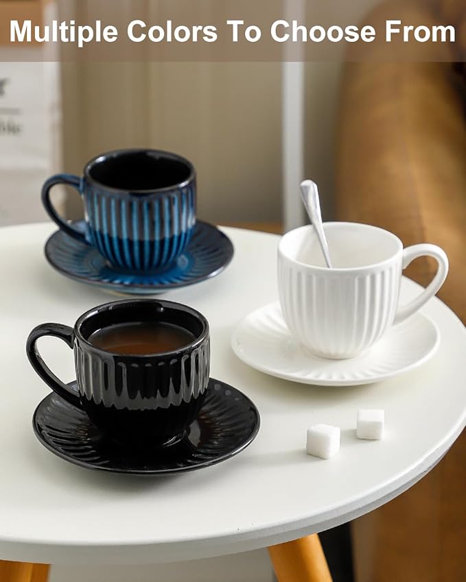 Hasense 6 Oz Cappuccino Cups with Saucers Ceramic, Ribbed Espresso Cups Set of 4 for Coffee,Tea,Latte and Macchiato, Aesthetic Gift for Anniversary or Holiday, Black