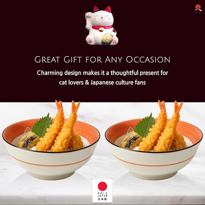JapanBargain Set of 2 Japanese Porcelain Bowls, Large 7.5 Inch Ramen Udon Noodle Rice Soup Pho Poke Cereal Bowl, Maneki Neko Smiling Lucky Cat Pattern, Pink, Made in Japan