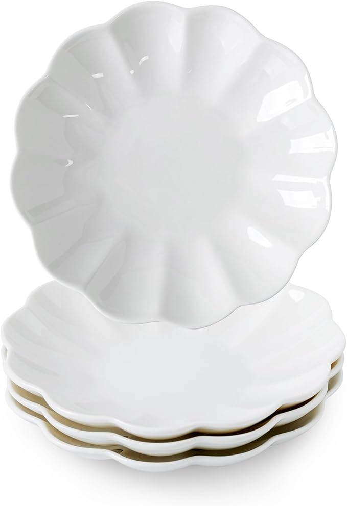 White Small Dessert Plates Set of 4,Ceramic Dinner Plates 6 Inch for Appetizer, Fruits, Cake, Salad,Microwave Safe,Christmas Gift