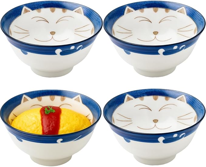 JapanBargain, Set of 4 Japanese Porcelain Bowls Serving Soup Rice Noodle Udon and Salad, Maneki Neko Smiling Cat Pattern, 18 fl.oz, 6-inch, Blue Color, Made in Japan