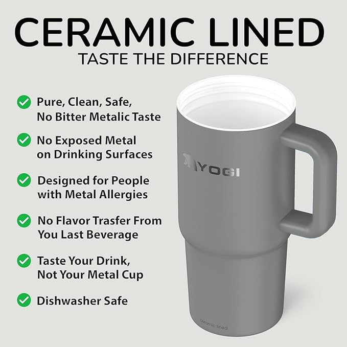 YOGI Ceramic Lined Metal Allergy Safe 24oz Tumbler with Handle and Straw Leakproof Flip & Sip Lid Vacuum Insulated Stainless Steel Travel Cup for Iced Coffee Water and All-Day Hydration 24oz Slate