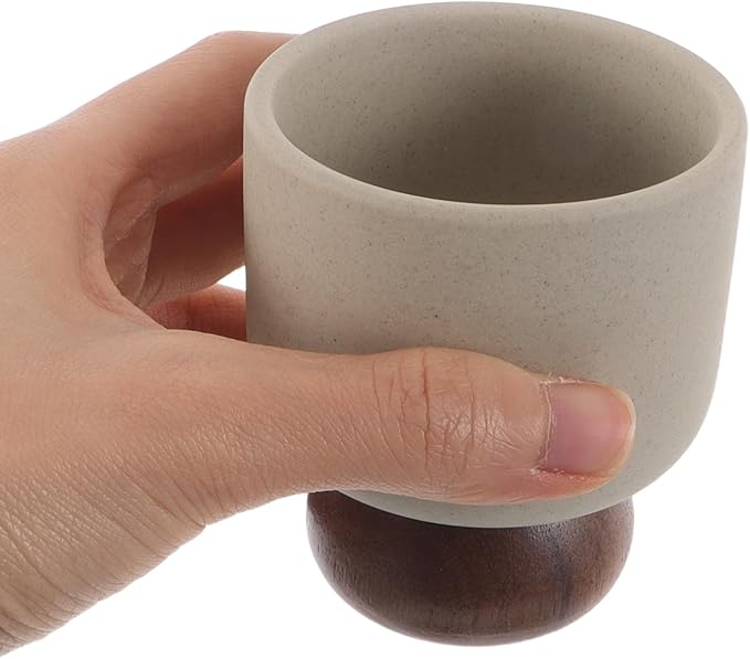 Minimalist Ceramic Cup: Porcelain Teacup with Wood Base for Tea and Coffee - Elegant Housewarming Pottery Drink Cup Gift for Women