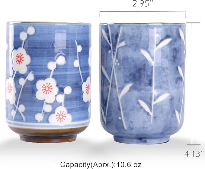 WHJY 10oz Transitional Chinese/Japanese style Handle-less Ceramic Tea cups teacup, Cherry Bloom & Rush straw in Blue Sky Pattern Set of 2