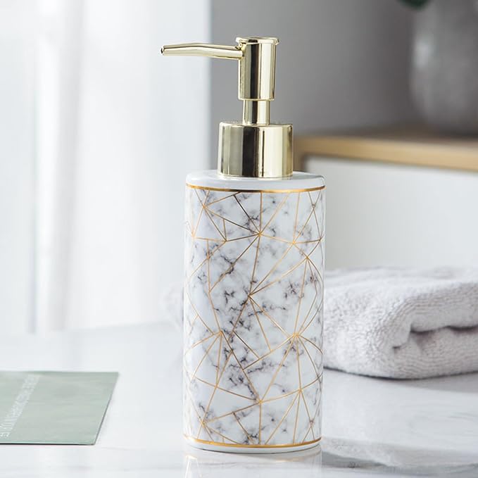 Bathroom Soap Dispenser Ceramic with Marble Pattern & Gold Thread Decoration - Refillable Liquid Soap Bottle for Bathroom, Dish Soap Dispenser for Kitchen (10oz, White)
