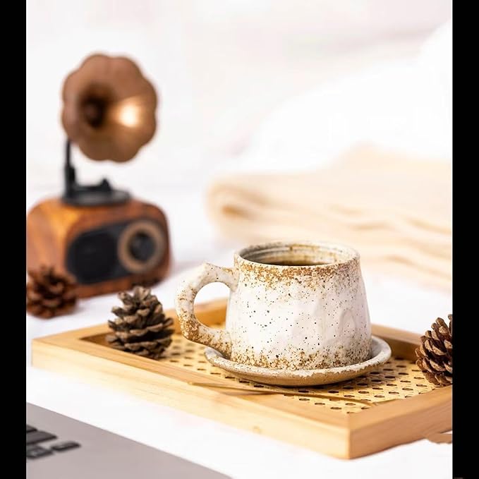 10oz Vintage Retro Handmade Ceramic Cappuccino Cup with Saucer –Small Rustic Stoneware tea cup and saucer, Lead-Free Latte Art Mug,Handmade mug with saucer set,Microwave safe (biege)