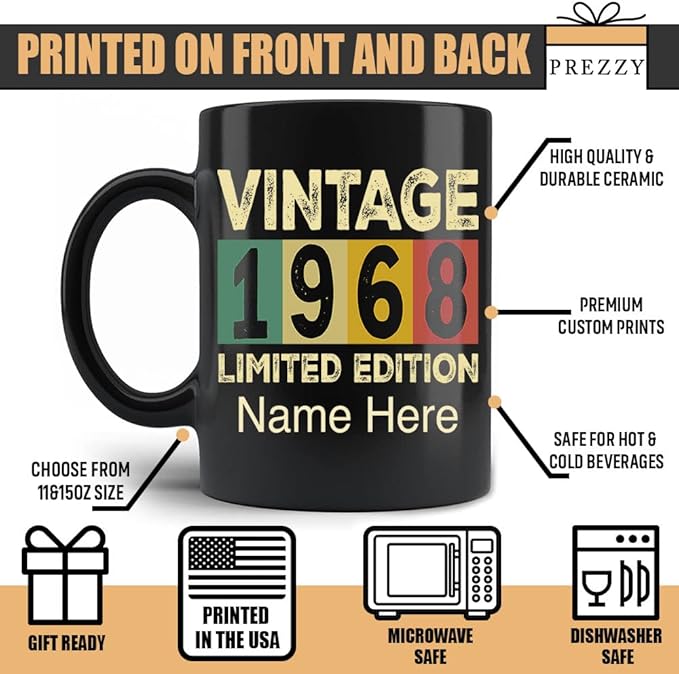 PREZZY Vintage 1968 Limited Edition 55th Birthday Decorations Personalized Gifts for Women Men Mothers Day Fathers Day Gift 55 Year Old Birthday Mug Customized Name Ceramic Black Tea Cup 11oz 15oz