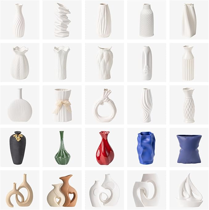 White Ceramic Vase with Diamond Texture - 8.3" Unique Flower Vase for Pampas Grass & Centerpieces, Decorative Boho/Farmhouse Vase for Living Room, Office Desk & Gift for Her/Yourself