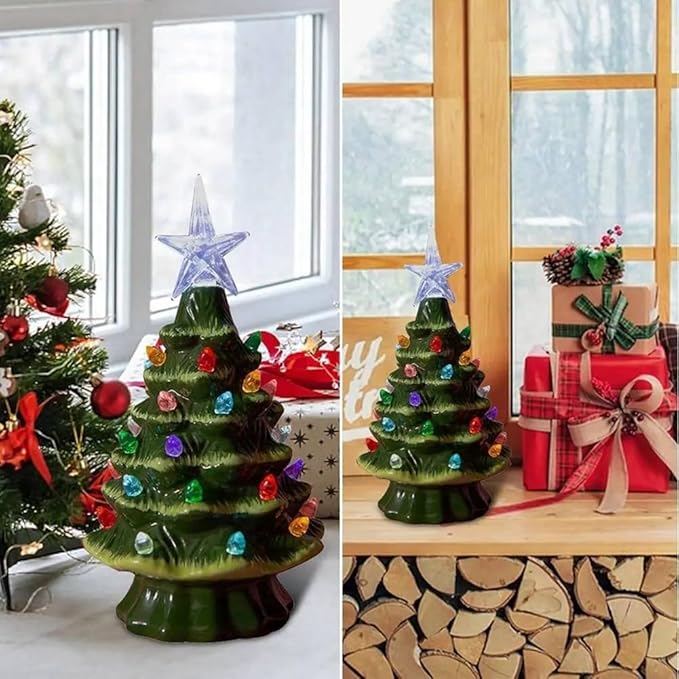 Small Resin Christmas Tree Decor, Tabletop Christmas Tree Star Topper, Holiday Decoration with 40 Multi-Color Lights, Xmas Fall Decorations for Home (Green-White)